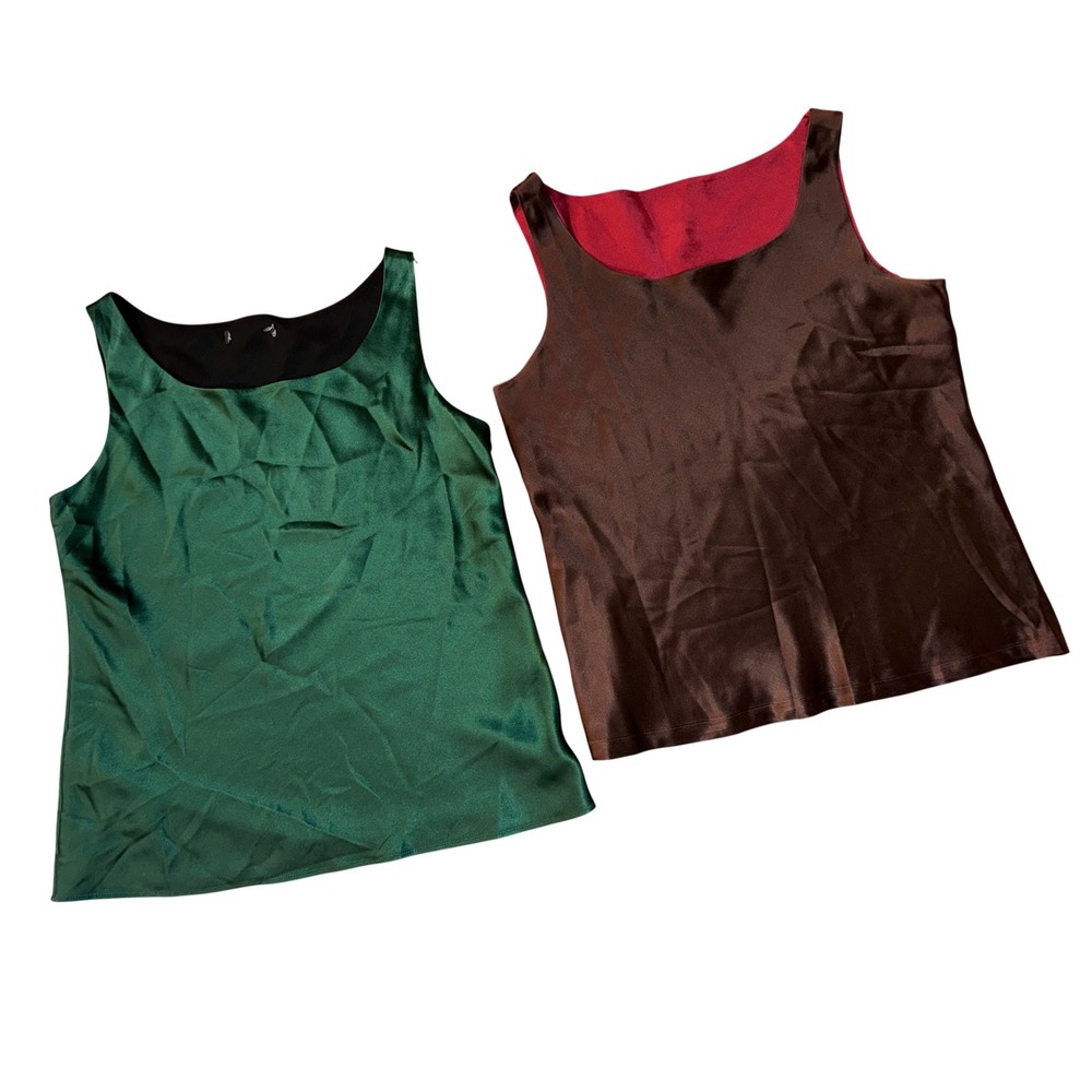 Lafayette 148 Silk Tank Top LOT OF 2 Green & Reversible Carnelian Cabernet